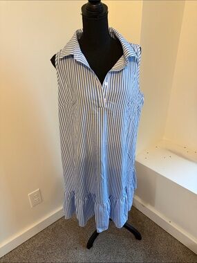 SHEIN Blue and White Striped Sleeveless Shirt Dress